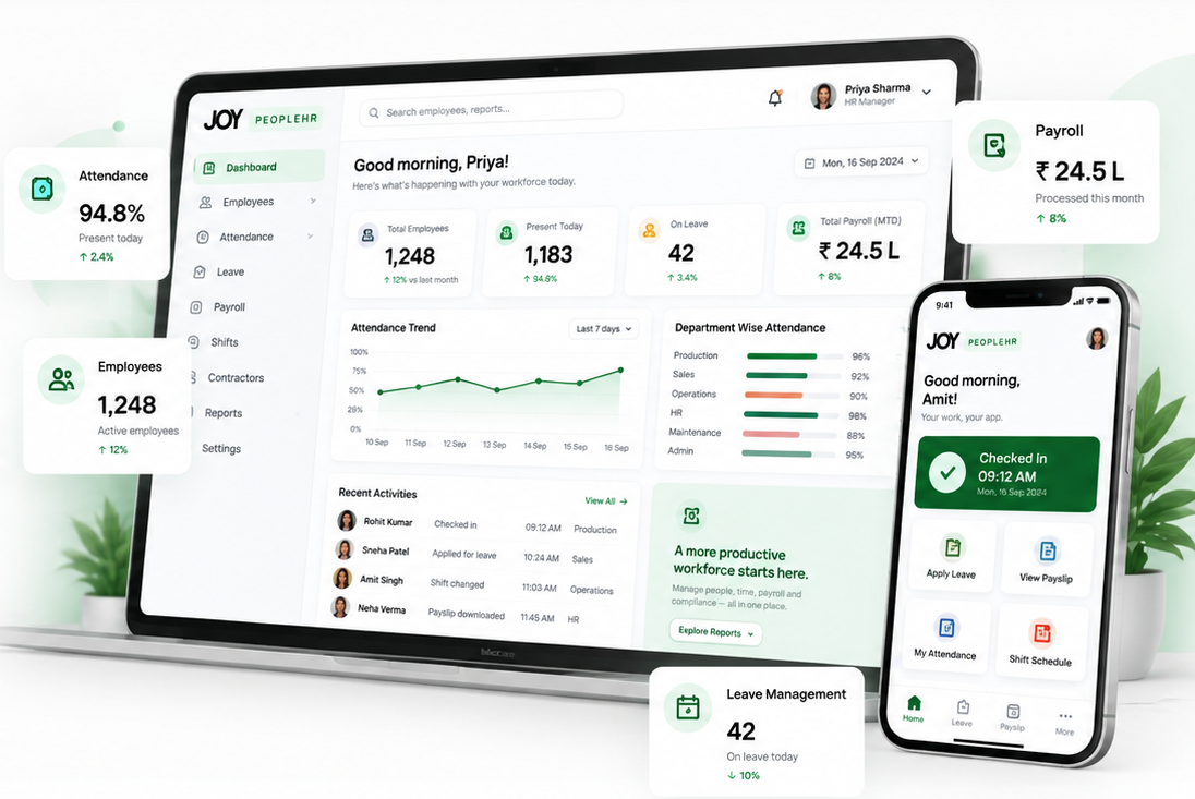 JOY PeopleHR dashboard and WorkforceOS mobile app